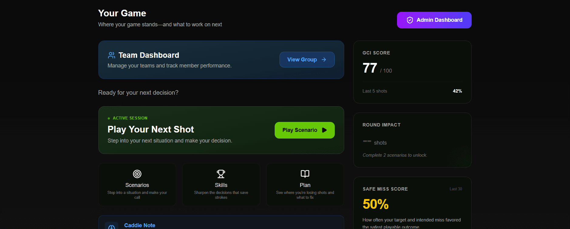 The GolfCourseIQ web platform showing round analysis and AI coaching feedback
