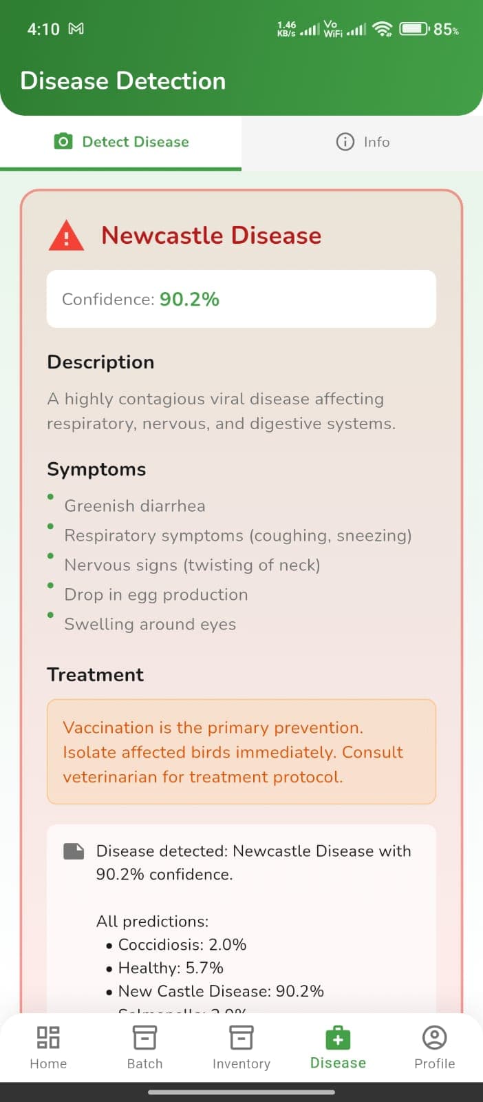 The field app showing a diagnosis and recommended next steps after a photo